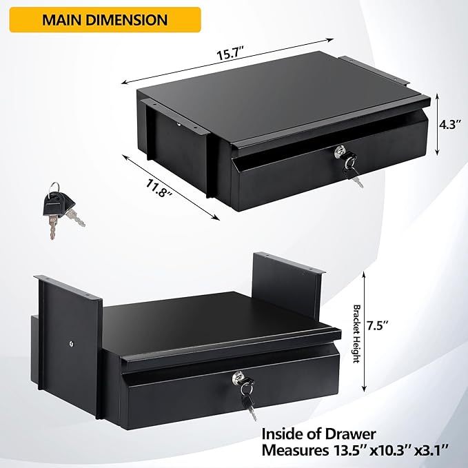 Under Desk Drawer , Under Desk Pull Out Drawer with Lock and Keys,, Storage Organizer for Workbench with Drawers