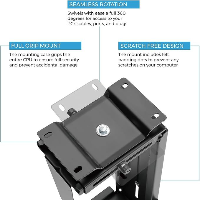 CPU Under Desk Mount Bracket - Computer Tower Wall and Under Counter Holder, 360 Degree Swivel Adjustable Height and Width Wall-Mountable