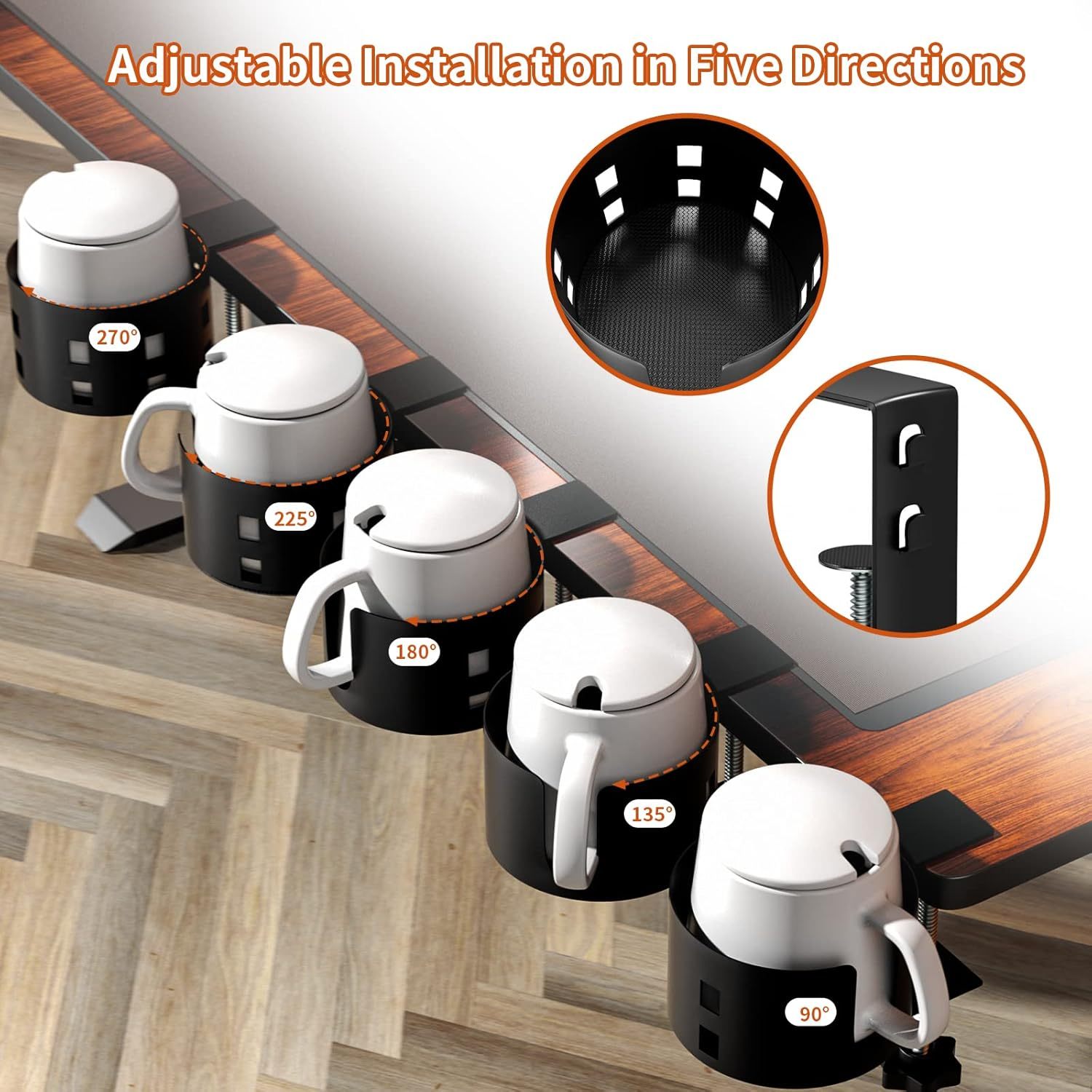 Upgraded Large Desk Cup Holder Clamp, OOKUU Anti-Spill Table Cup Holder, Metal Office & PC Gaming Desk Accessories, Compatible with Universal Cup, Bottles, Pencil Holder