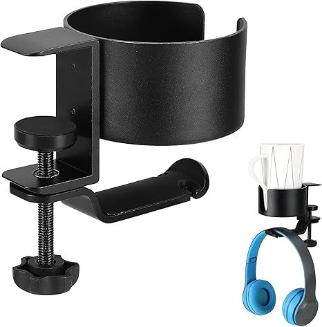 2 in 1 Desk Cup Holder with Headphone Hanger Holder, Anti-Spill Cup Holder-360° Rotation Aluminum Alloy Stand Hook Bearing Capacity 10kg/22lb Suitable for Coffee Mups,Water Cups,Bag,Headphone
