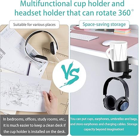 2 in 1 Desk Cup Holder with Headphone Hanger Holder, Anti-Spill Cup Holder-360° Rotation Aluminum Alloy Stand Hook Bearing Capacity 10kg/22lb Suitable for Coffee Mups,Water Cups,Bag,Headphone