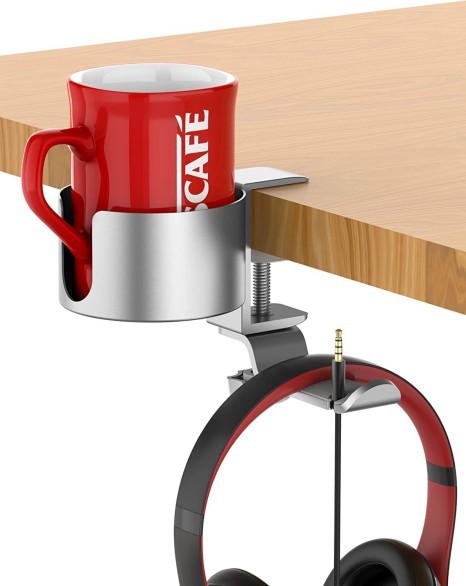 2 in 1 Desk Cup Holder with Headphone Hanger Holder, Anti-Spill Cup Holder-360° Rotation Aluminum Alloy Stand Hook Bearing Capacity 10kg/22lb Suitable for Coffee Mups,Water Cups,Bag,Headphone