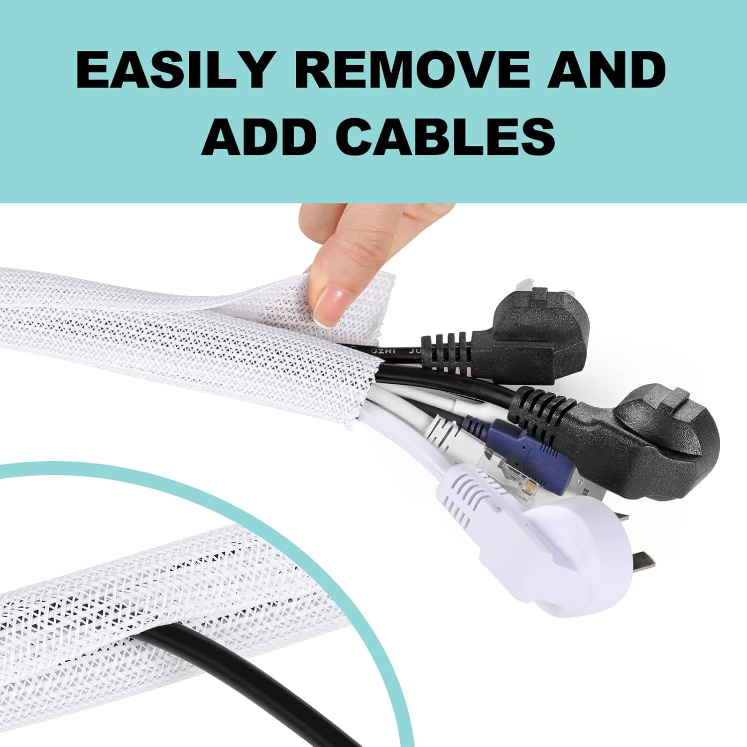 White Cable Sleeve Cover, 2 Pack 5ft - 1.2 inch Cord Management Wire Organizer Under Desk, Home Office Computer Wire Cover Hider Cord Protector, Protect Pet Cat Dog from Chewing, White