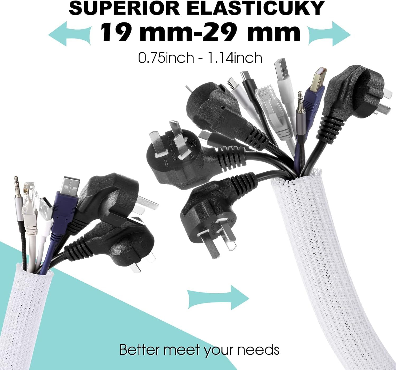 White Cable Sleeve Cover, 2 Pack 5ft - 1.2 inch Cord Management Wire Organizer Under Desk, Home Office Computer Wire Cover Hider Cord Protector, Protect Pet Cat Dog from Chewing, White