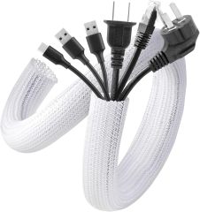 White Cable Sleeve Cover, 2 Pack 5ft - 1.2 inch Cord Management Wire Organizer Under Desk, Home Office Computer Wire Cover Hider Cord Protector, Protect Pet Cat Dog from Chewing, White