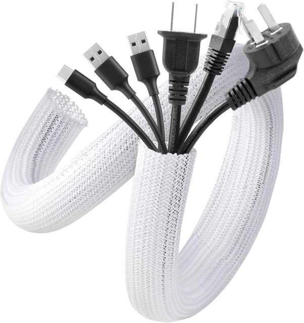 White Cable Sleeve Cover, 2 Pack 5ft - 1.2 inch Cord Management Wire Organizer Under Desk, Home Office Computer Wire Cover Hider Cord Protector, Protect Pet Cat Dog from Chewing, White