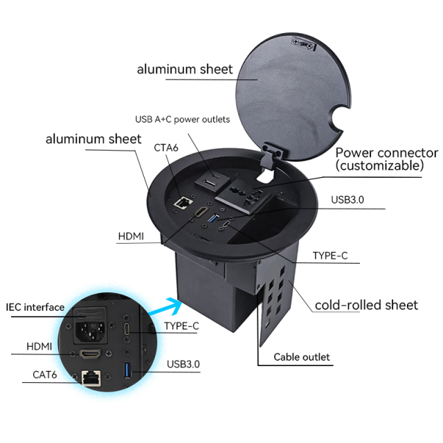 Multifunctional Desktop Round Power Socket，Alloy Socket,1 AC Outlet+USB-A&C Charging+HDMI+Type-C+USB 3.0+Network