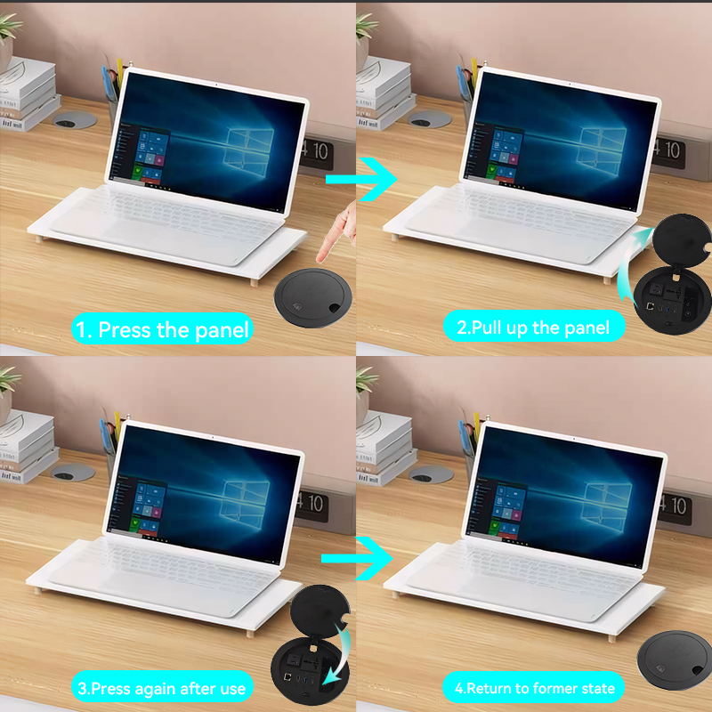Multifunctional Desktop Round Power Socket，Alloy Socket,1 AC Outlet+USB-A&C Charging+HDMI+Type-C+USB 3.0+Network