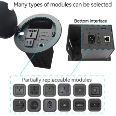 Multifunctional Desktop Round Power Socket，Alloy Socket,1 AC Outlet+USB-A&C Charging+HDMI+Type-C+USB 3.0+Network