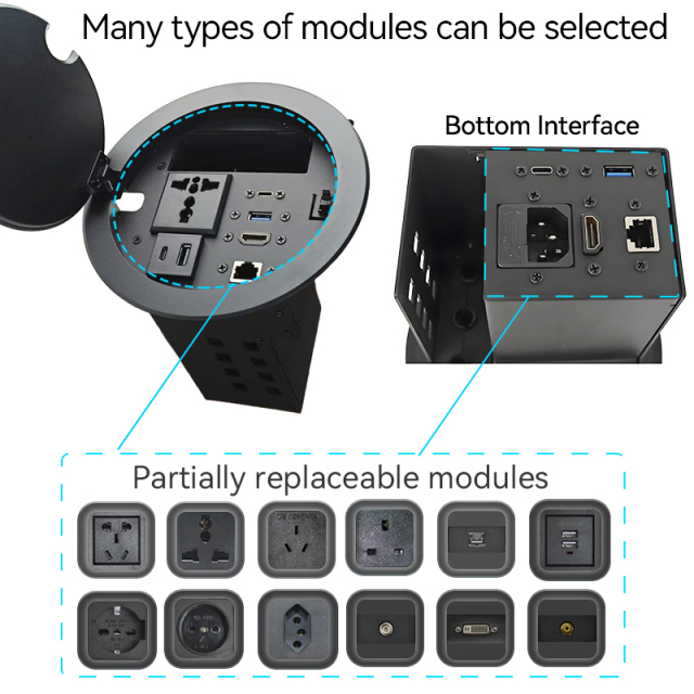 Multifunctional Desktop Round Power Socket，Alloy Socket,1 AC Outlet+USB-A&C Charging+HDMI+Type-C+USB 3.0+Network
