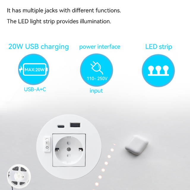 Round Power Grommet With LED Strip,Power Socket With Atmosphere Lights