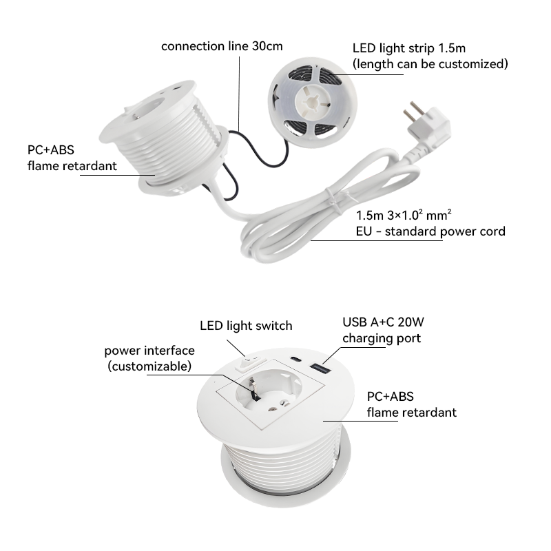 Round Power Grommet With LED Strip,Power Socket With Atmosphere Lights