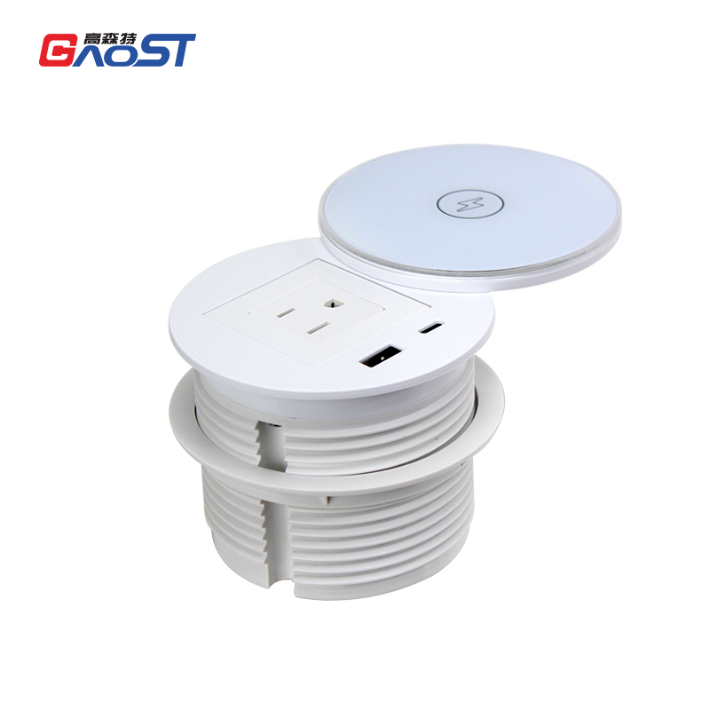 Round Power Grommet With Wireless Charging Lid，1 US Outlet+30W A+C Charging+15W QI Charging
