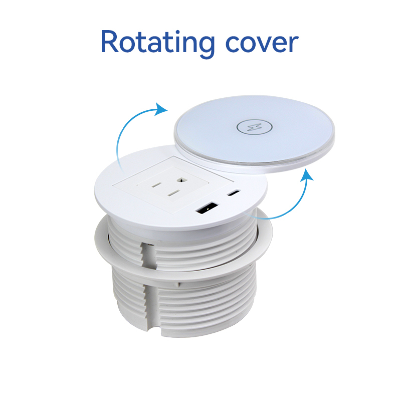 Round Power Grommet With Wireless Charging Lid，1 US Outlet+30W A+C Charging+15W QI Charging