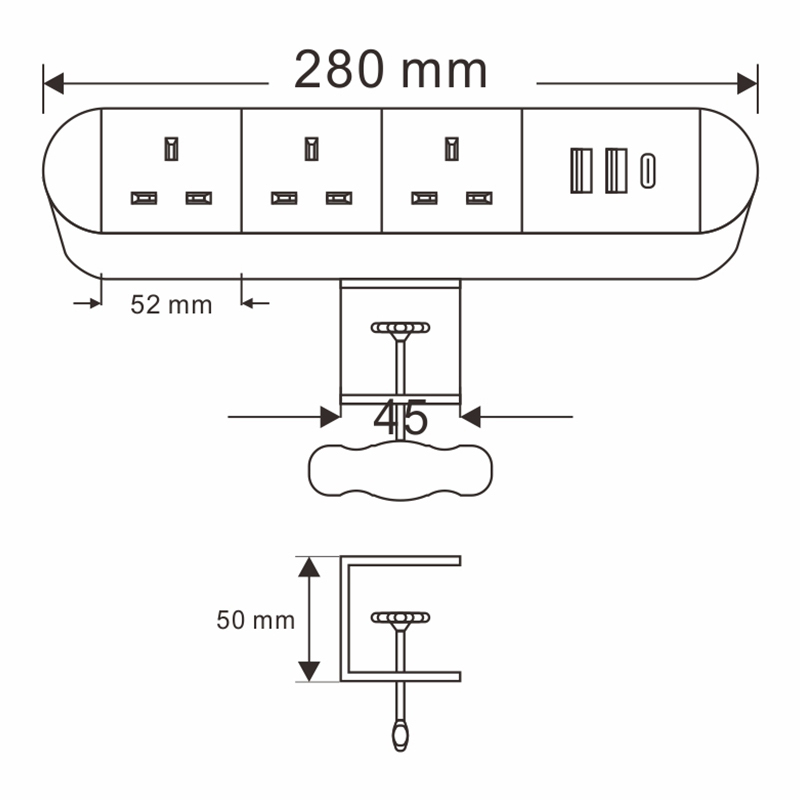 Desk Edge Clamp Power Socket with USB-A&C Charging，UK Outlets Power Socket