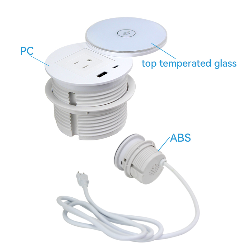 Round Power Grommet With Wireless Charging Lid，1 US Outlet+30W A+C Charging+15W QI Charging