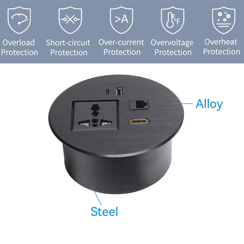 Desktop Round Power Grommet,Alloy rounnd grommet with universal outlet USB-A&C Charging HDMI and CAT6