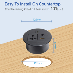 Desktop Round Power Grommet,Alloy rounnd grommet with universal outlet USB-A&C Charging HDMI and CAT6