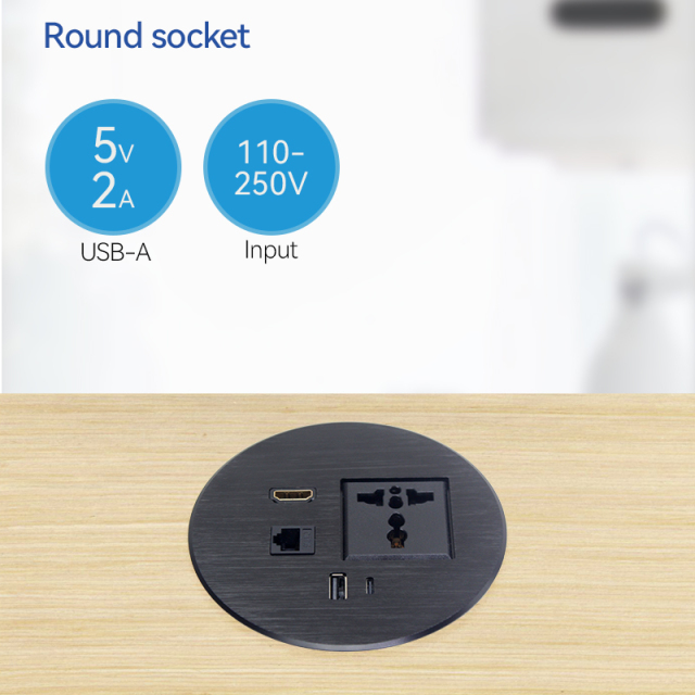 Desktop Round Power Grommet,Alloy rounnd grommet with universal outlet USB-A&C Charging HDMI and CAT6