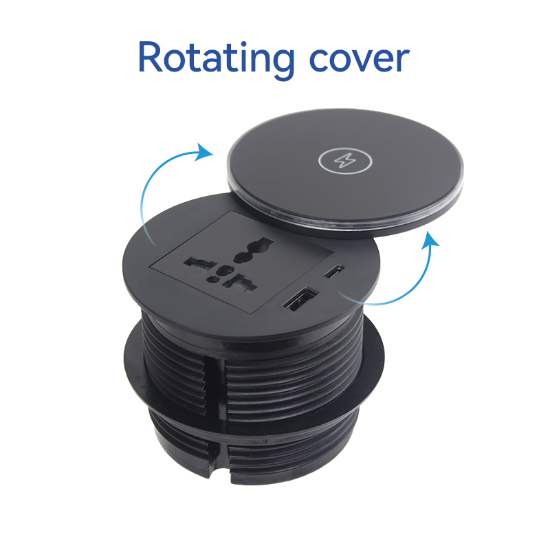 Round Power Grommet With Wireless Charging Lid，1 Universal Outlet+30W A+C Charging+15W QI Fast Charging