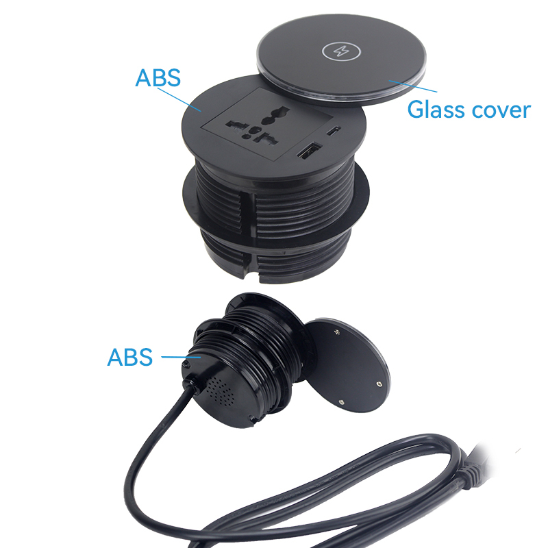 Round Power Grommet With Wireless Charging Lid，1 Universal Outlet+30W A+C Charging+15W QI Fast Charging