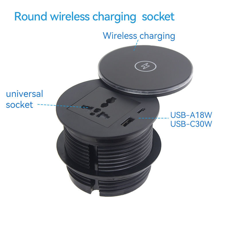 Round Power Grommet With Wireless Charging Lid，1 Universal Outlet+30W A+C Charging+15W QI Fast Charging