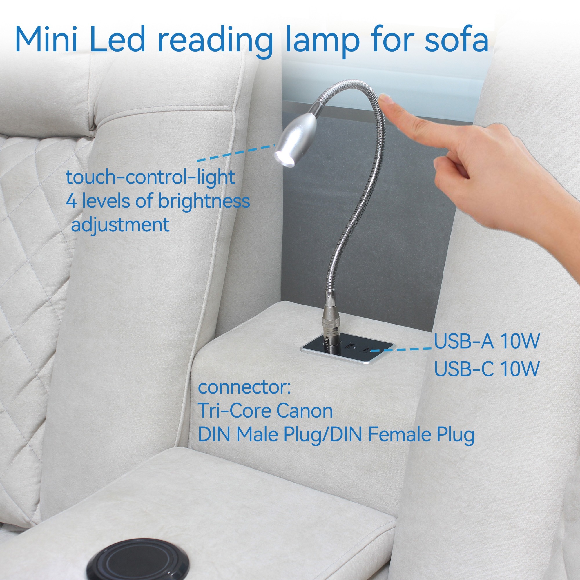Sofa Reading lamp with USB Charging ,4 Brightness Level Touching Control