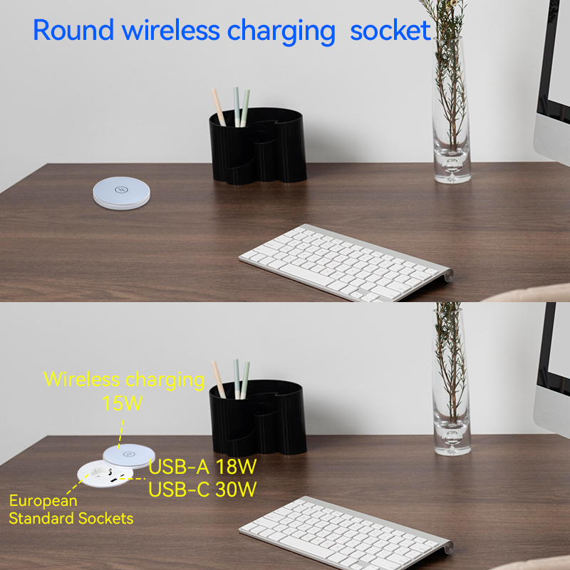 Round Power Grommet With Wireless Charging Lid，1 EU Outlet+30W A+C Charging+15W QI Fast Charging