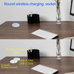 Round Power Grommet With Wireless Charging Lid，1 EU Outlet+30W A+C Charging+15W QI Fast Charging