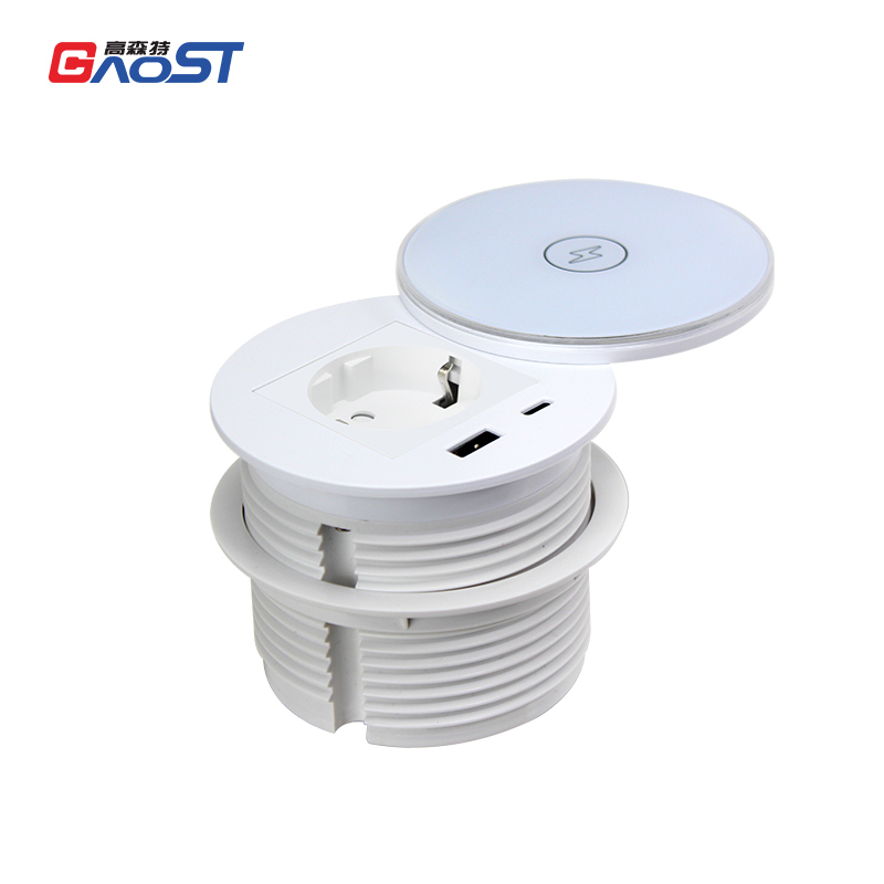 Round Power Grommet With Wireless Charging Lid，1 EU Outlet+30W A+C Charging+15W QI Fast Charging