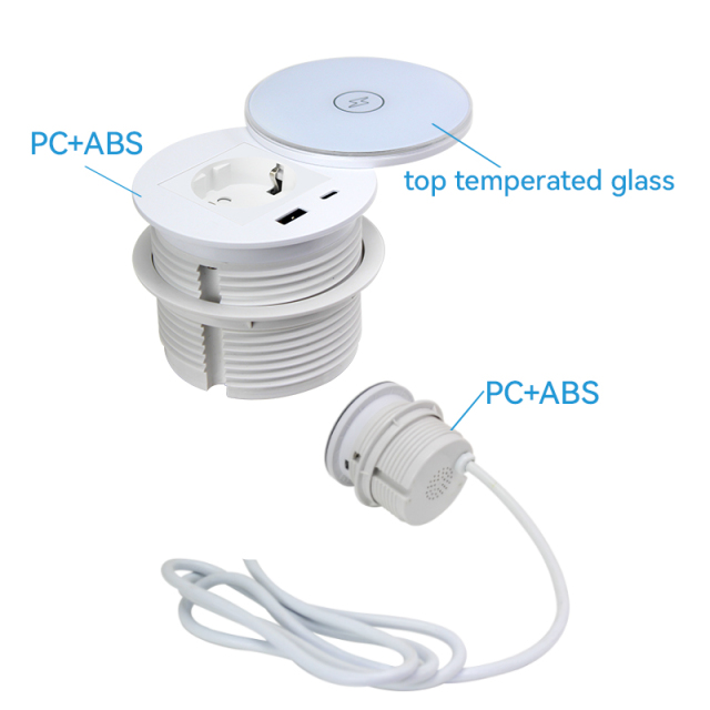 Round Power Grommet With Wireless Charging Lid，1 EU Outlet+30W A+C Charging+15W QI Fast Charging