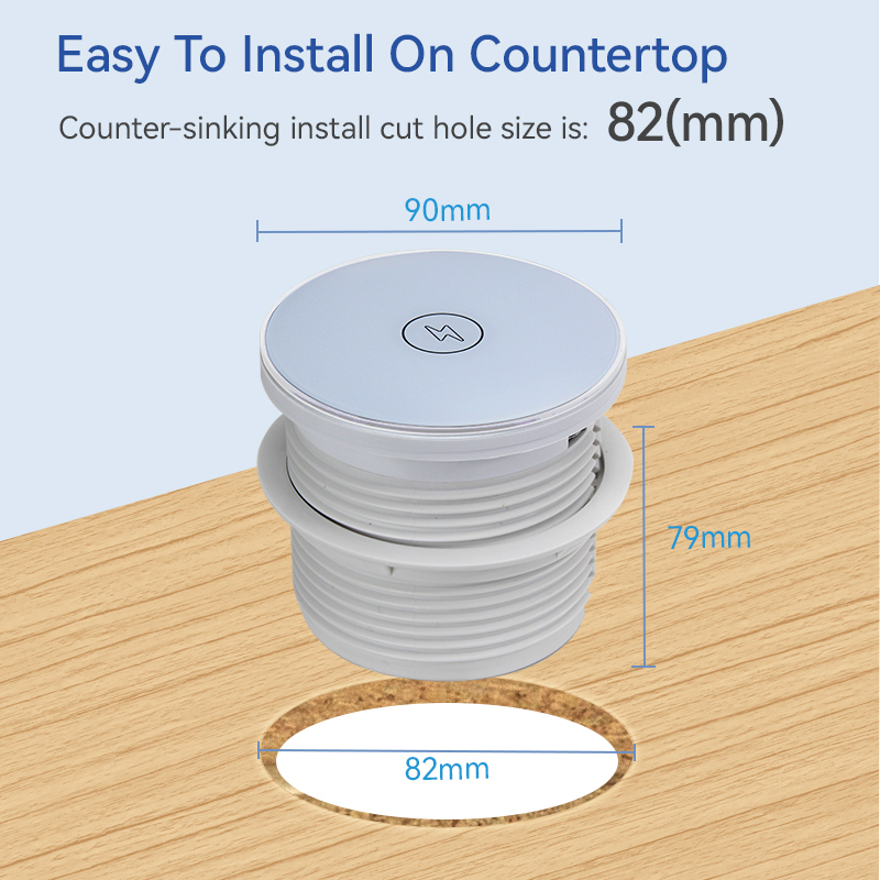 Round Power Grommet With Wireless Charging Lid，1 EU Outlet+30W A+C Charging+15W QI Fast Charging