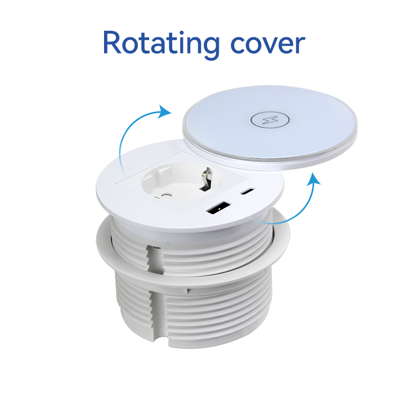 Round Power Grommet With Wireless Charging Lid，1 EU Outlet+30W A+C Charging+15W QI Fast Charging