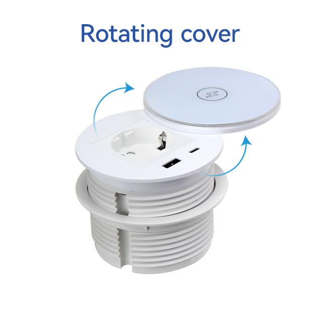 Round Power Grommet With Wireless Charging Lid，1 EU Outlet+30W A+C Charging+15W QI Fast Charging