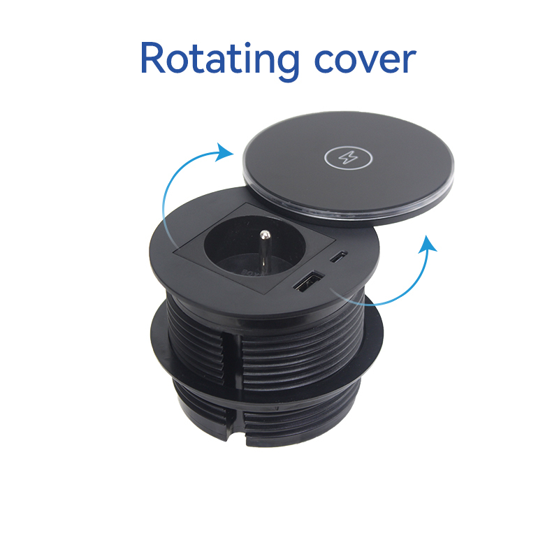 Round Power Grommet With Wireless Charging Lid，1 French Outlet+30W A+C Charging+15W QI Fast Charging