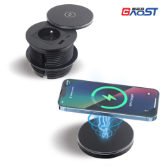 Round Power Grommet With Wireless Charging Lid，1 French Outlet+30W A+C Charging+15W QI Fast Charging