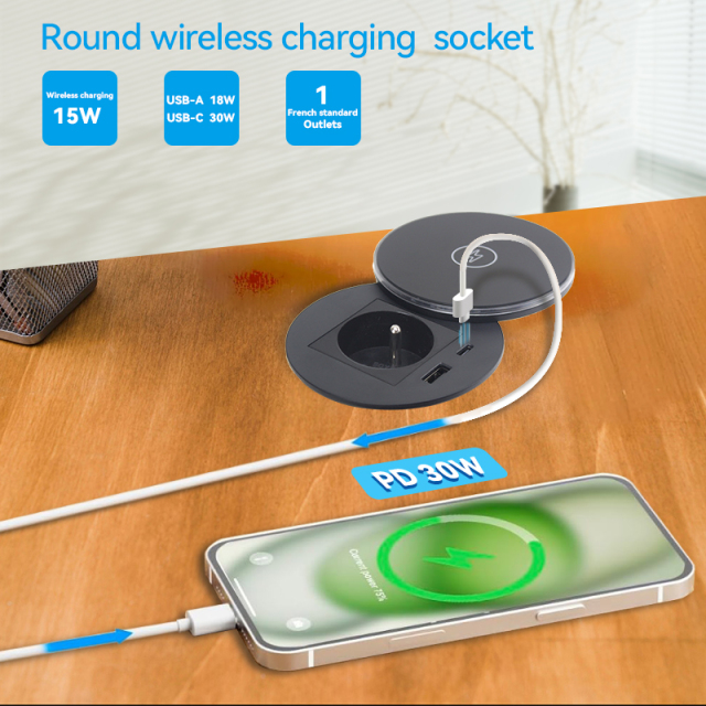 Round Power Grommet With Wireless Charging Lid，1 French Outlet+30W A+C Charging+15W QI Fast Charging