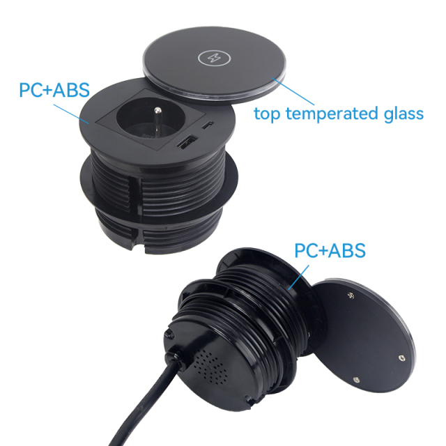 Round Power Grommet With Wireless Charging Lid，1 French Outlet+30W A+C Charging+15W QI Fast Charging