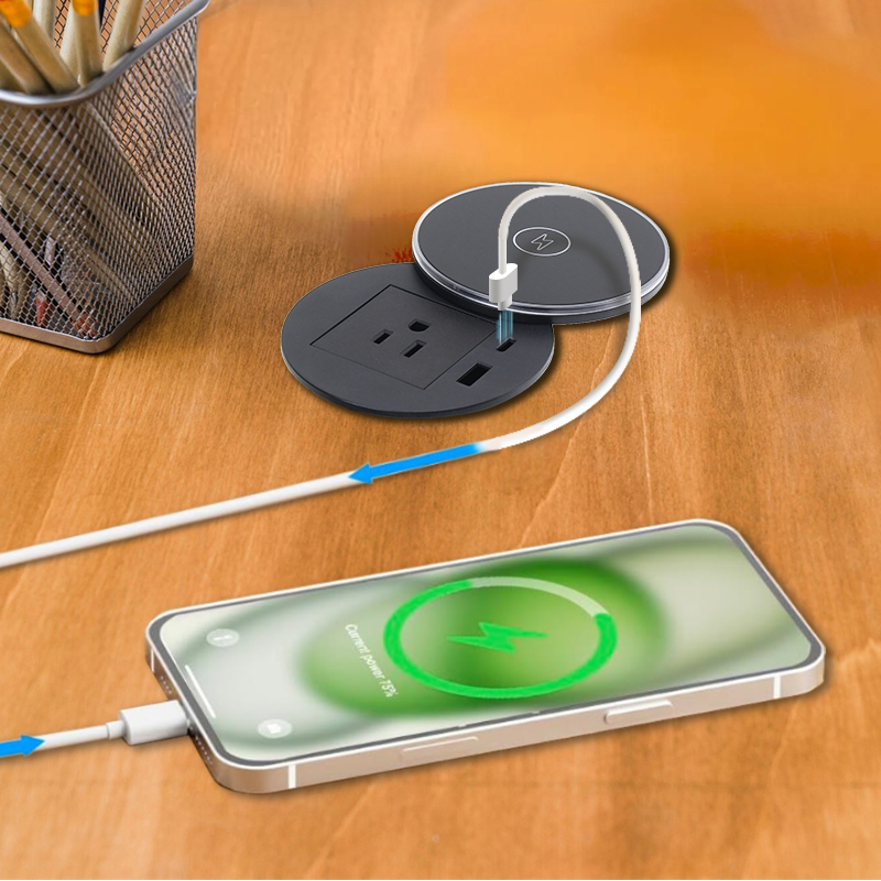 UL certified desk grommet 1 US Outlet+30W A+C Charging+15W QI Charging