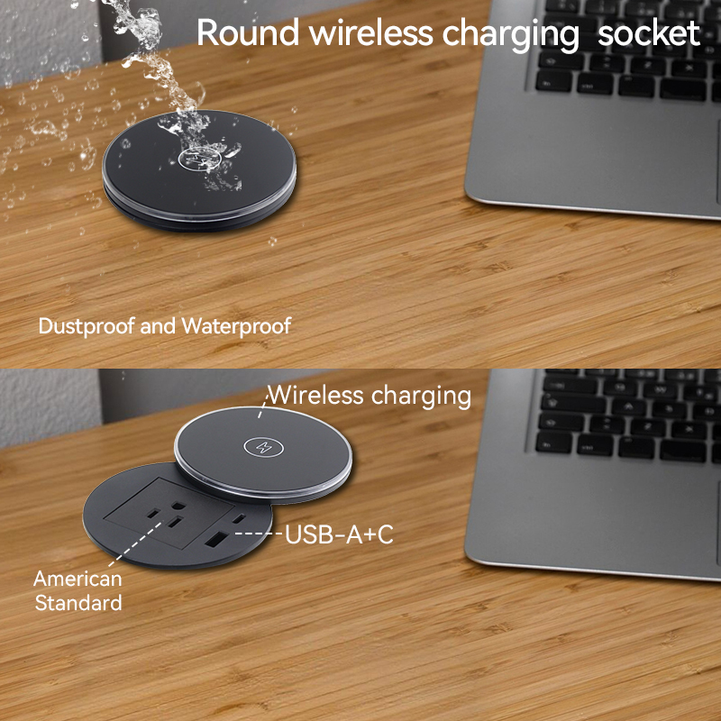 UL certified desk grommet 1 US Outlet+30W A+C Charging+15W QI Charging