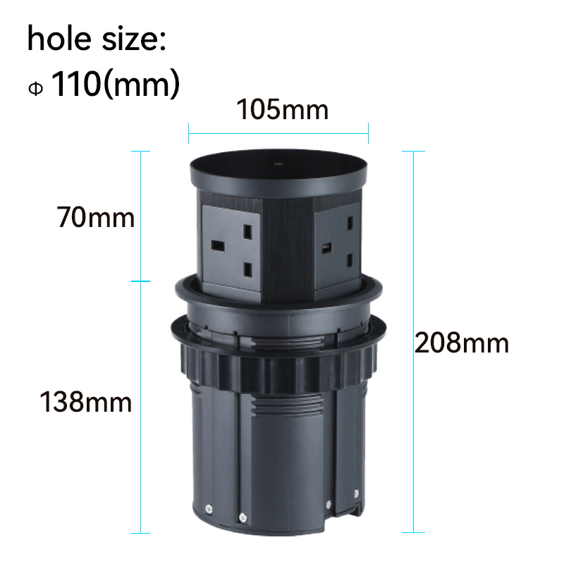 Retractable pop up socket with 15W qi charger, 3 UK outlet, USBA+C PD20W charging, alloy material housing hole 110mm