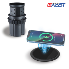 Retractable pop up socket with 15W qi charger, 3 UK outlet, USBA+C PD20W charging, alloy material housing hole 110mm