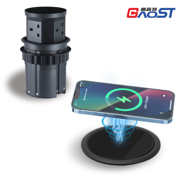 Retractable pop up socket with 15W qi charger, 3 UK outlet, USBA+C PD20W charging, alloy material housing hole 110mm
