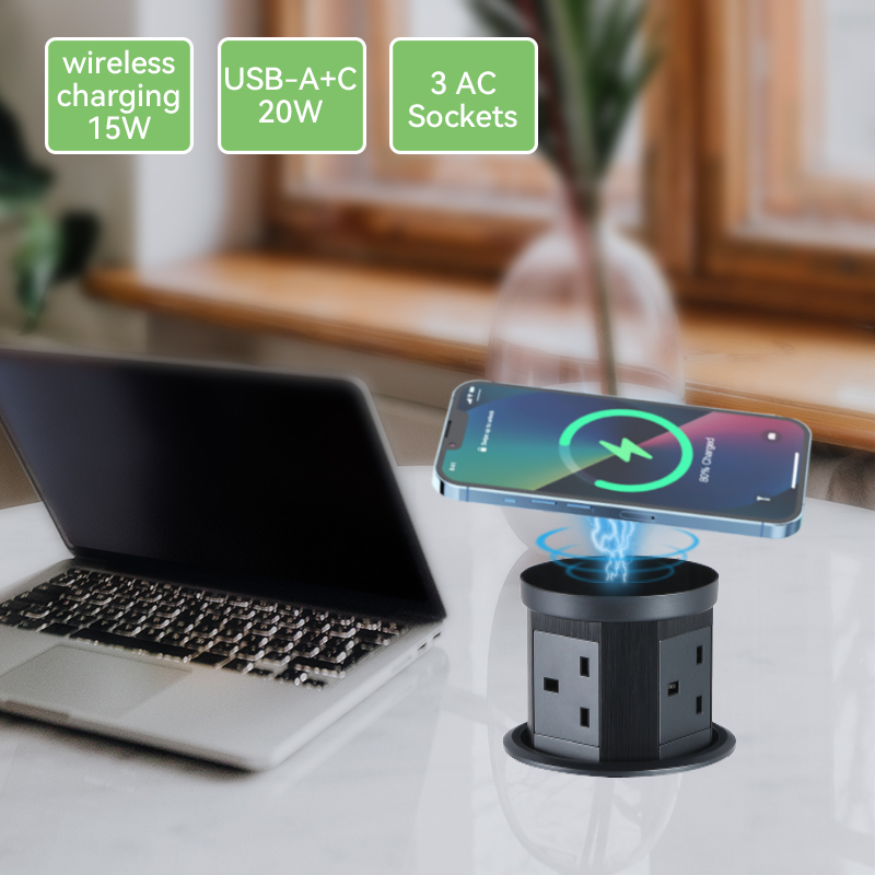 Retractable pop up socket with 15W qi charger, 3 UK outlet, USBA+C PD20W charging, alloy material housing hole 110mm