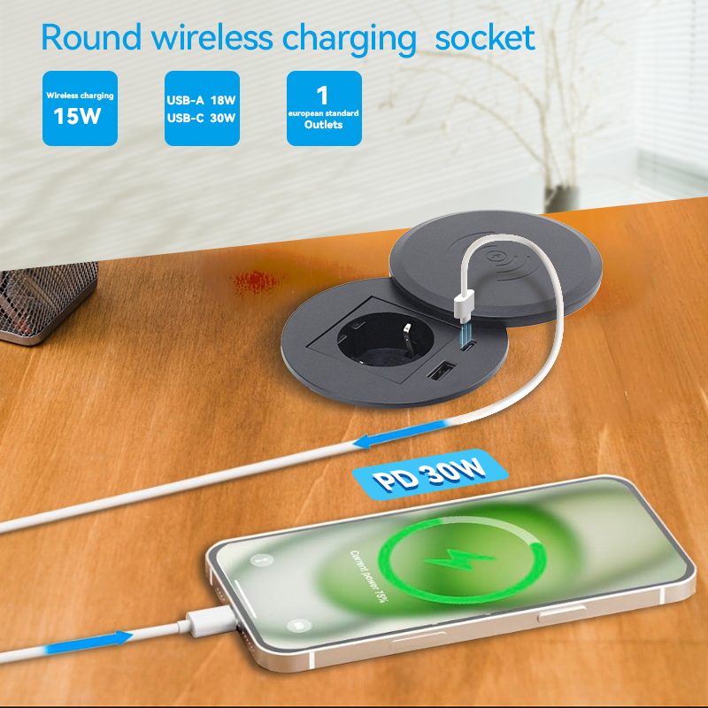 Round Power Grommet With Wireless Charging Lid，1 EU Outlet+30W A+C Charging+15W QI Fast Charging