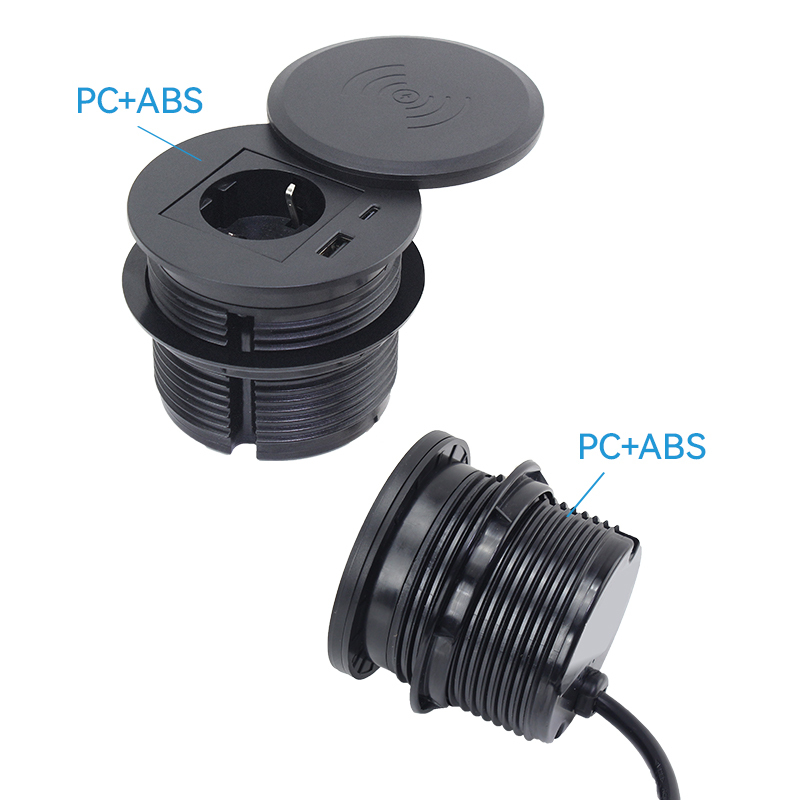 Round Power Grommet With Wireless Charging Lid，1 EU Outlet+30W A+C Charging+15W QI Fast Charging