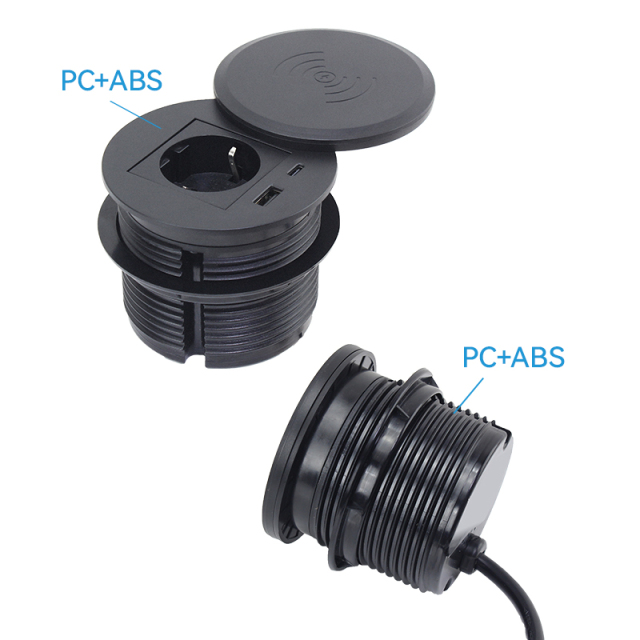 Round Power Grommet With Wireless Charging Lid，1 EU Outlet+30W A+C Charging+15W QI Fast Charging