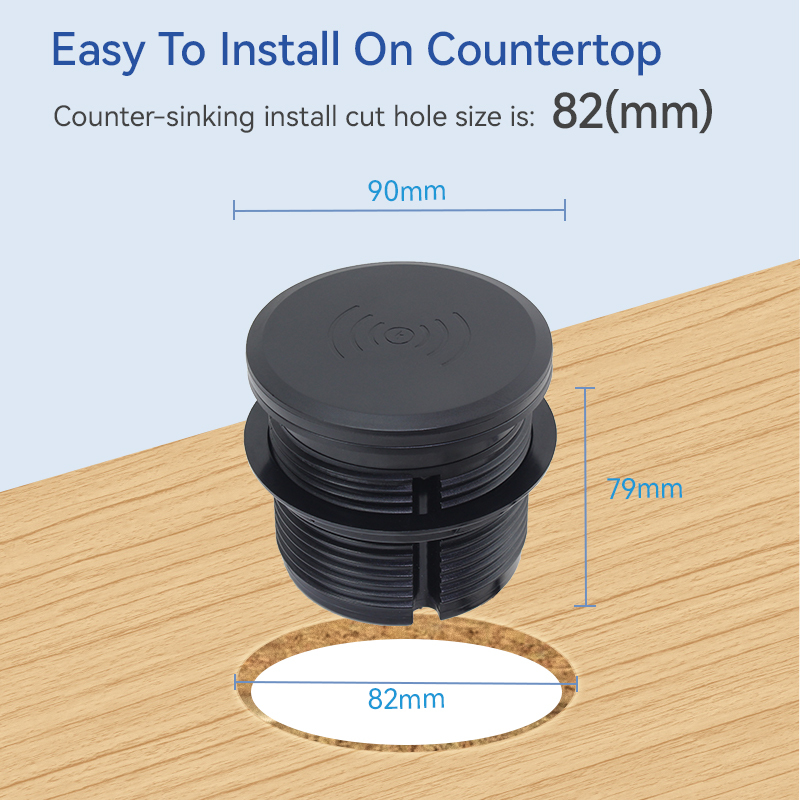 Round Power Grommet With Wireless Charging Lid，1 EU Outlet+30W A+C Charging+15W QI Fast Charging