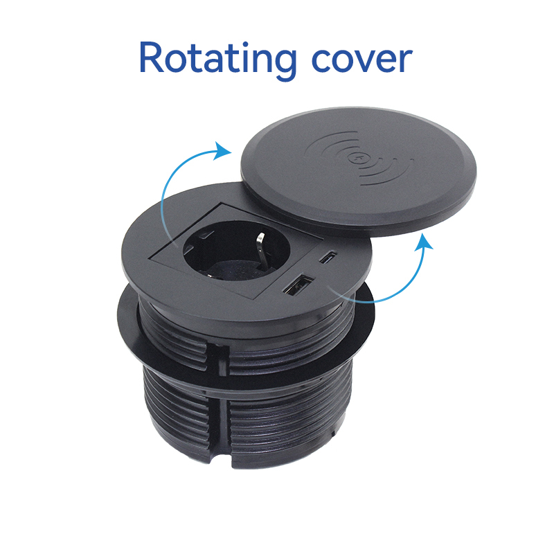 Round Power Grommet With Wireless Charging Lid，1 EU Outlet+30W A+C Charging+15W QI Fast Charging