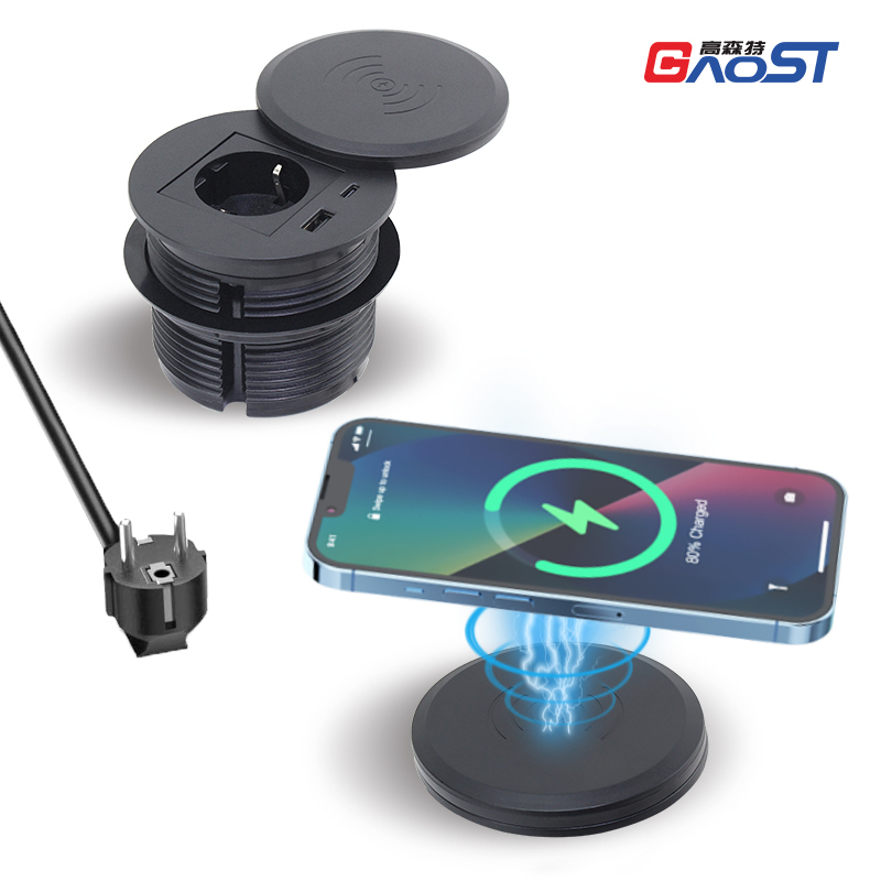 Round Power Grommet With Wireless Charging Lid，1 EU Outlet+30W A+C Charging+15W QI Fast Charging